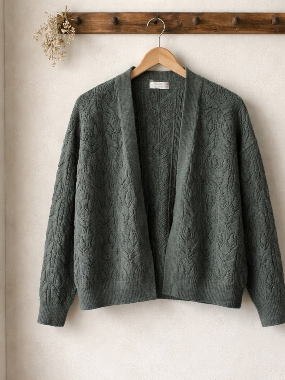 Olive Green Open-Front Cable Knit Women's Sweater Cardigan Sz L